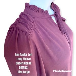 Like New - LOFT Sheer Tie Neck Long Sleeve Blouse w/ Ruffle Details - Large